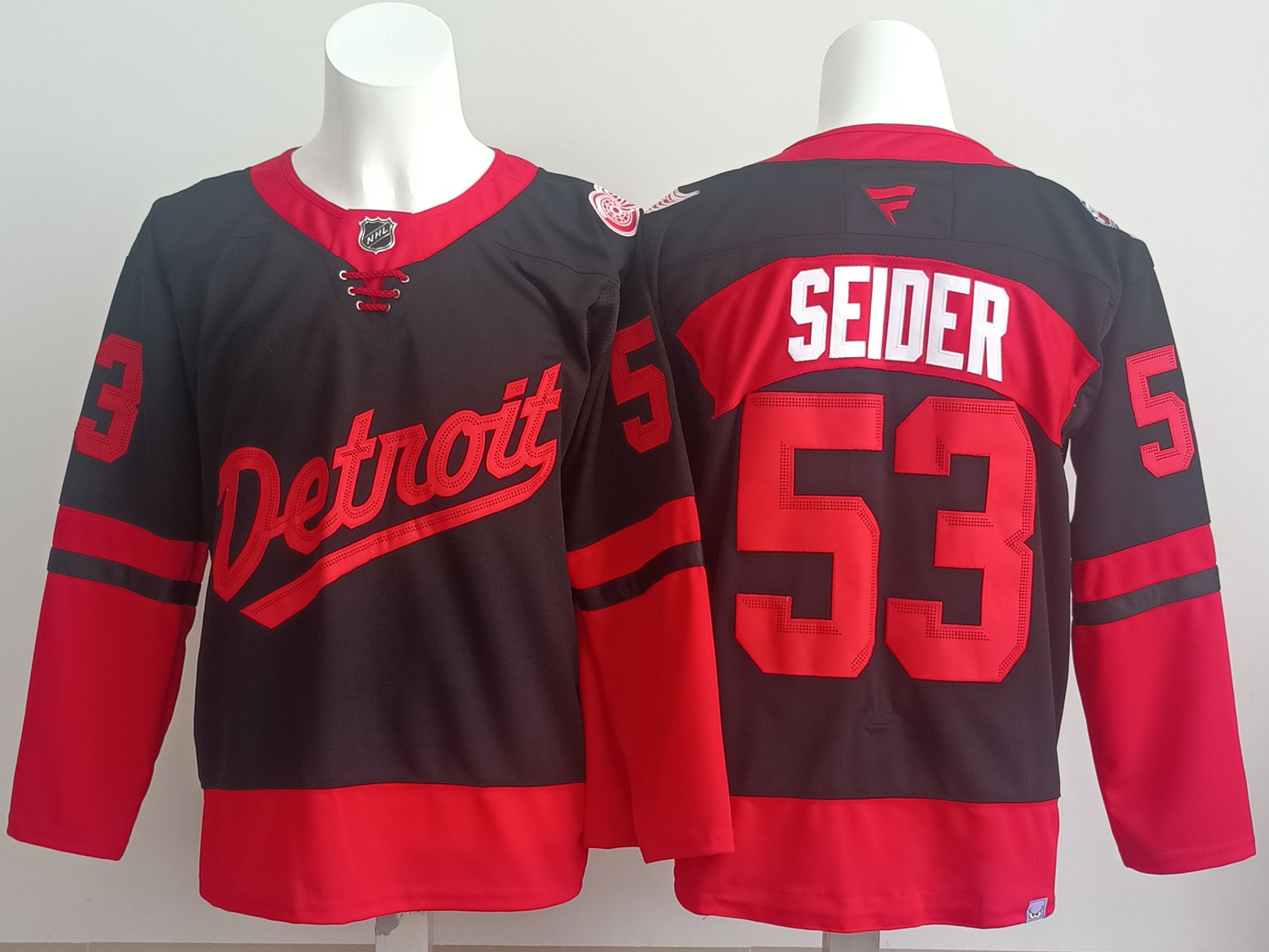 Men Detroit Red Wings #53 Seider Black red 2025 Fanatics Home Premium NHL Jersey style 1